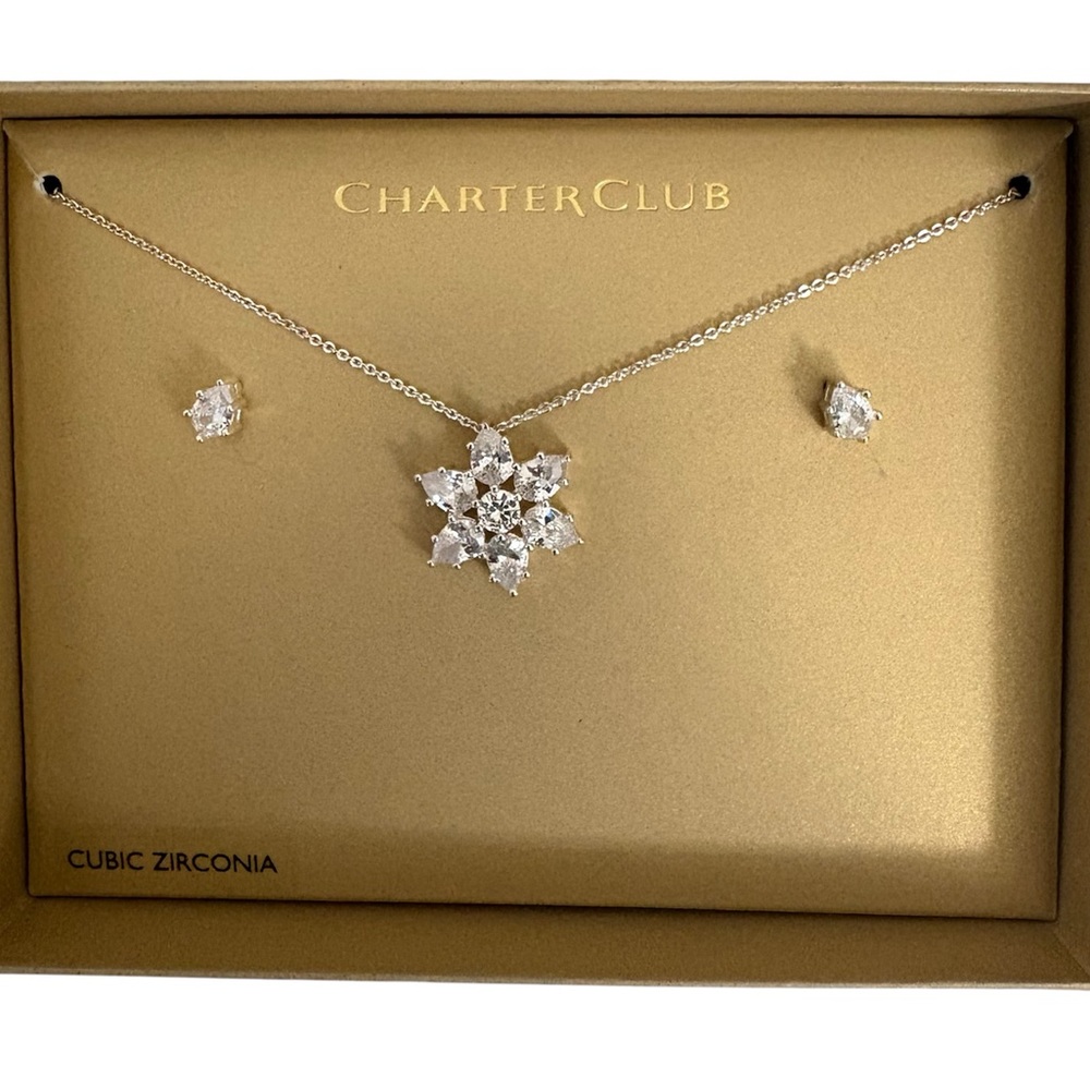 New Charter Club Snowflake Necklace and Earrings Gift Set Cubic Zirconia